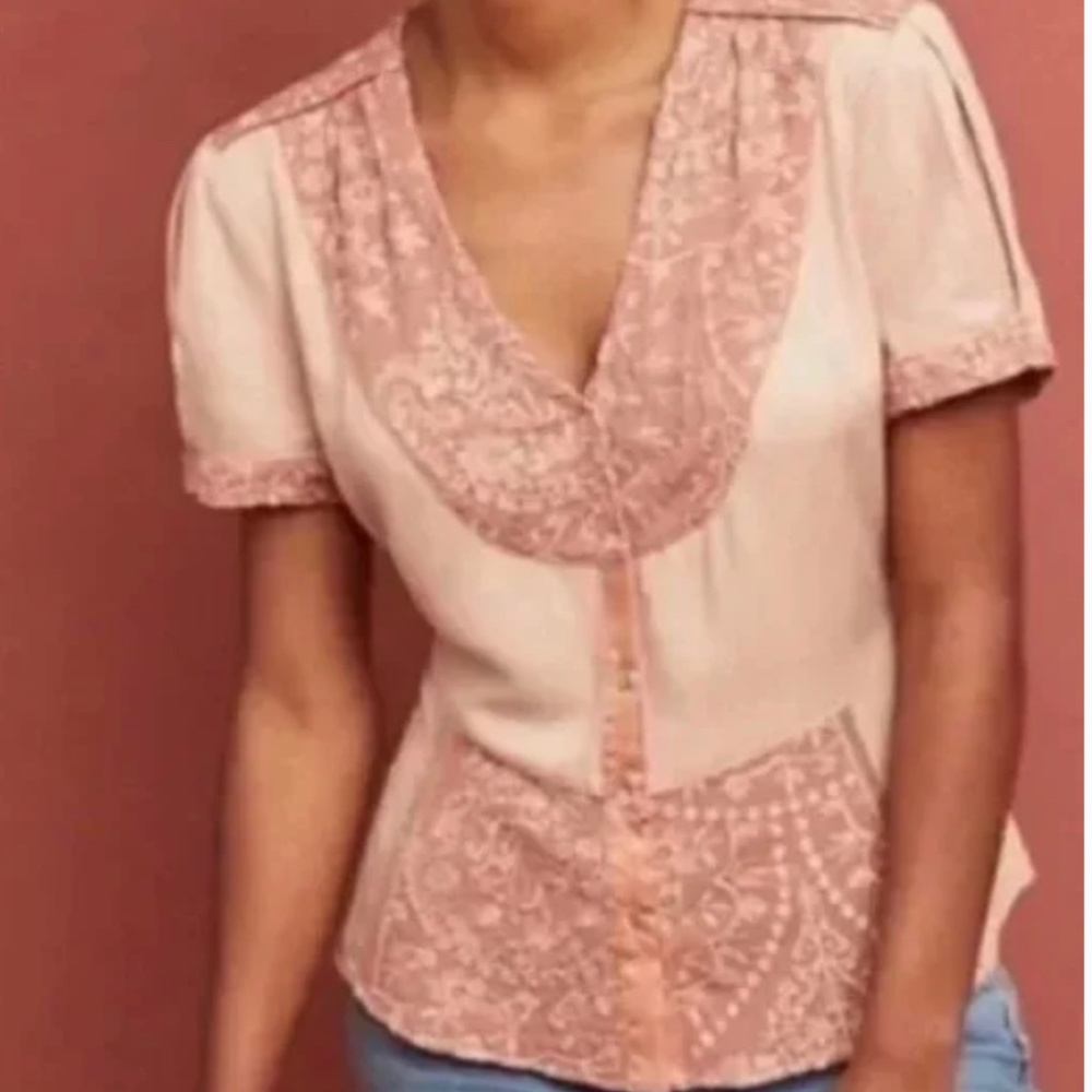 Anthropologie TINY Talia Embroidered Lace Button Front Blouse  - L **NWT**
